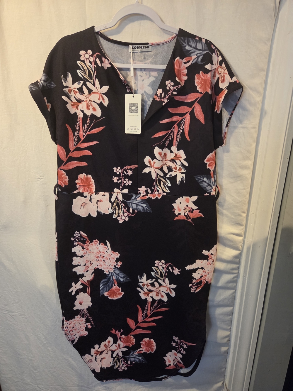 ECOWISH Women’s XL Black Floral V-Neck Midi Dress Pink Flowers
